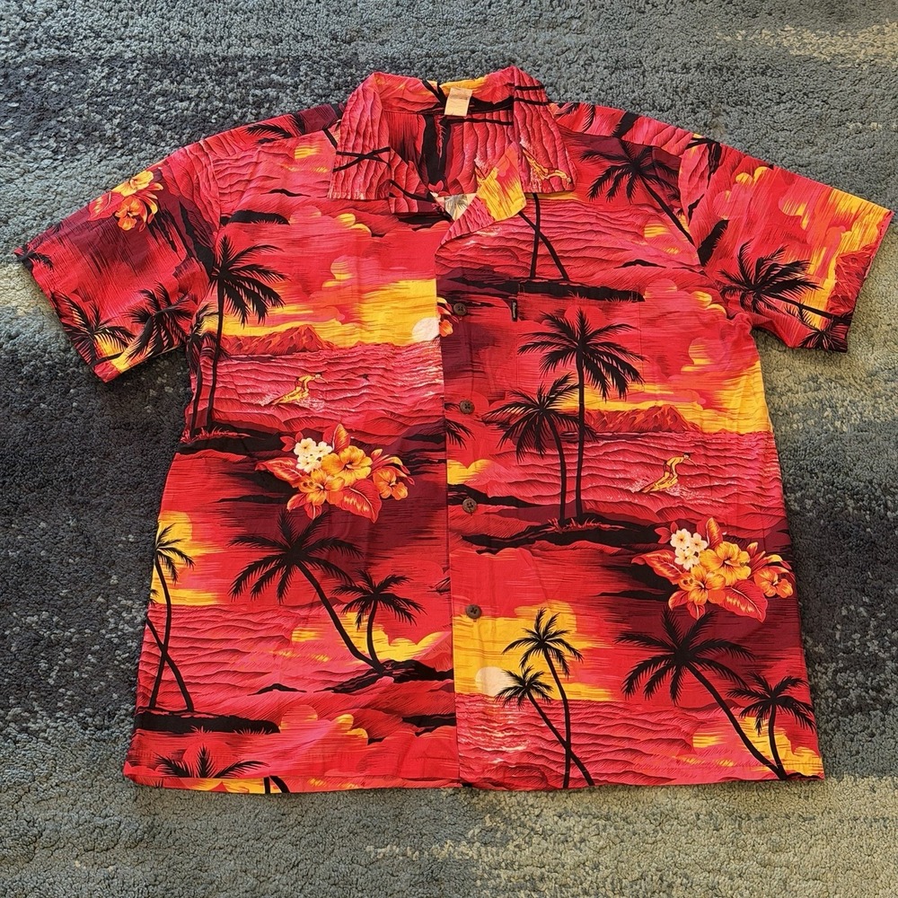 Vintage Palmwave Hawaiian Shirt Short Sleeve Red Sunset Palm Trees Men's 2XL